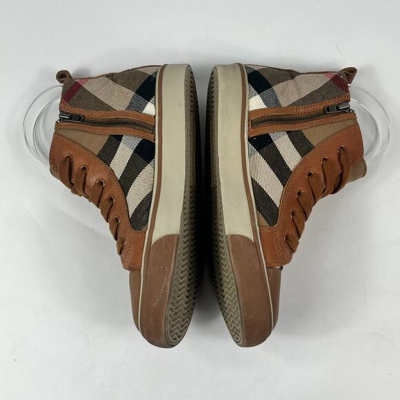 Burberry Kids Sz 2 (33) Nova Check High Top Sneakers Brown Tan Canvas Leather - Picture 3 of 11